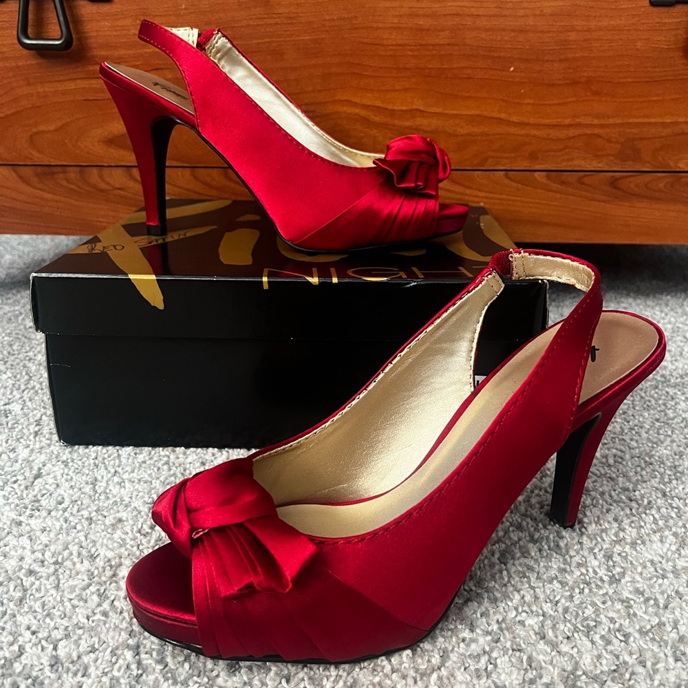 Red Satin Peep-Toe Heels
